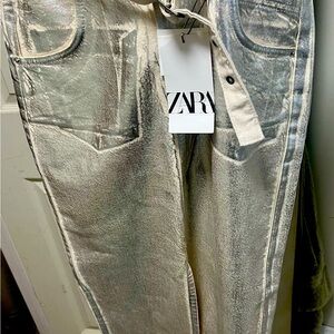 NWT Zara the pleated high waist pencil midi skirt metallic silver 100% cotton